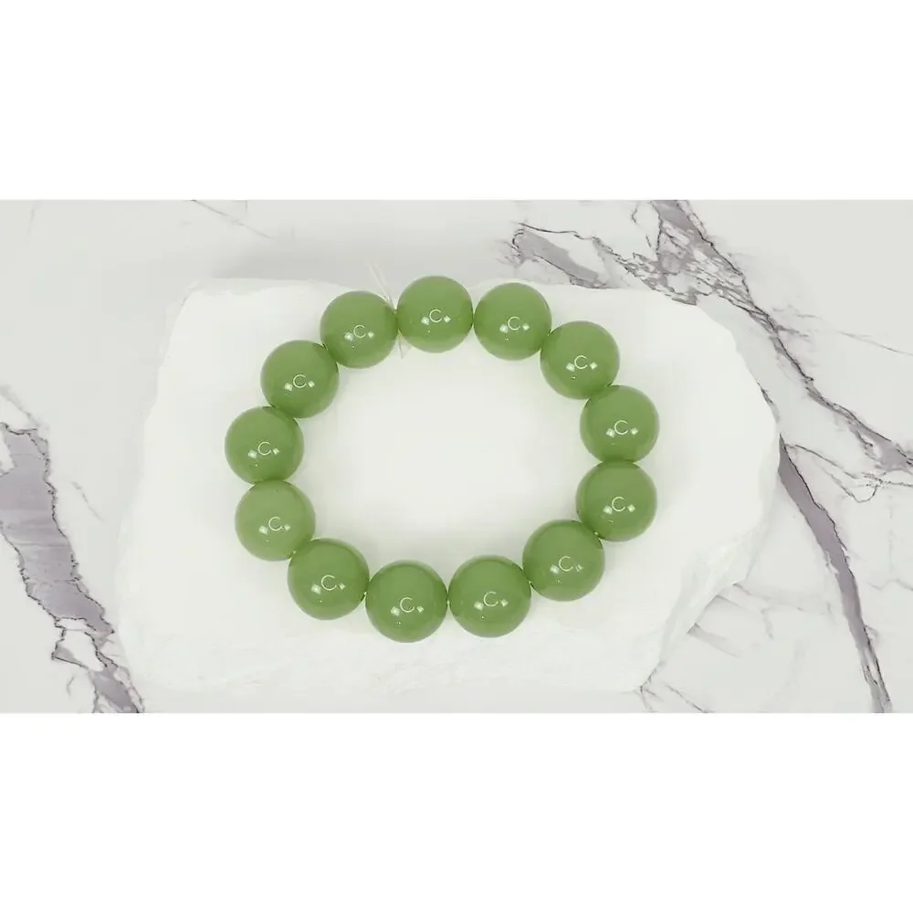 Beautiful 16mm Apple Green Nephrite Jade Polished Bead Stretchy Bracelet 7.5
